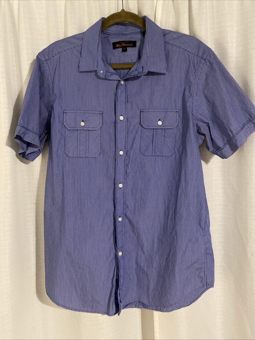 Bon Sherman Pocketed Short Sleeve Button Up Blue/white Striped